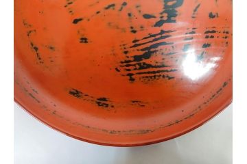 時代物　根来塗　欅(ケヤキ)材　使うほどに味が出てくるお膳3客セット(丸膳、丸盆、木製、朱塗、漆芸、漆器)(R-079694)
