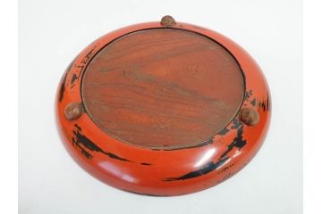時代物　根来塗　欅(ケヤキ)材　使うほどに味が出てくるお膳3客セット(丸膳、丸盆、木製、朱塗、漆芸、漆器)(R-079694)