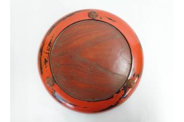 時代物　根来塗　欅(ケヤキ)材　使うほどに味が出てくるお膳3客セット(丸膳、丸盆、木製、朱塗、漆芸、漆器)(R-079694)