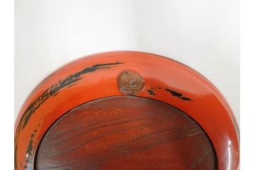 時代物　根来塗　欅(ケヤキ)材　使うほどに味が出てくるお膳3客セット(丸膳、丸盆、木製、朱塗、漆芸、漆器)(R-079694)