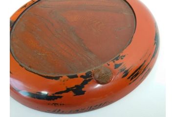 時代物　根来塗　欅(ケヤキ)材　使うほどに味が出てくるお膳3客セット(丸膳、丸盆、木製、朱塗、漆芸、漆器)(R-079694)