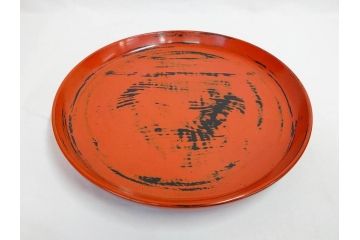 時代物　根来塗　欅(ケヤキ)材　使うほどに味が出てくるお膳3客セット(丸膳、丸盆、木製、朱塗、漆芸、漆器)(R-079694)