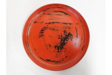 時代物　根来塗　欅(ケヤキ)材　使うほどに味が出てくるお膳3客セット(丸膳、丸盆、木製、朱塗、漆芸、漆器)(R-079694)