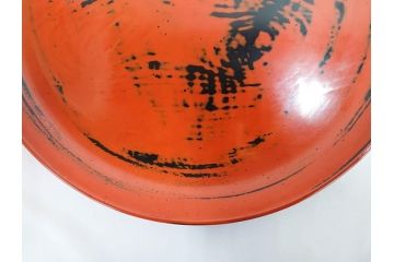時代物　根来塗　欅(ケヤキ)材　使うほどに味が出てくるお膳3客セット(丸膳、丸盆、木製、朱塗、漆芸、漆器)(R-079694)