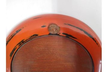 時代物　根来塗　欅(ケヤキ)材　使うほどに味が出てくるお膳3客セット(丸膳、丸盆、木製、朱塗、漆芸、漆器)(R-079694)