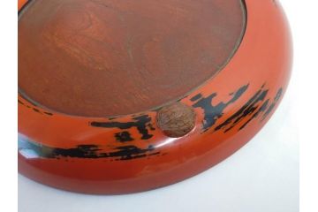 時代物　根来塗　欅(ケヤキ)材　使うほどに味が出てくるお膳3客セット(丸膳、丸盆、木製、朱塗、漆芸、漆器)(R-079694)