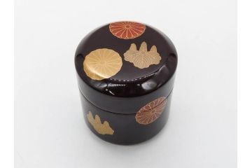 八代 中村宗哲　菊桐蒔絵　雅な美しさのある茶入(花、金彩、漆器、木製、茶入れ、茶筒、茶道具、茶器、又妙斎書付、共箱付き)(R-079748)