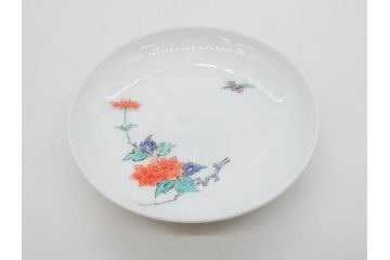 重要無形文化財　人間国宝　十三代 酒井田柿右衛門　有田焼　錦　牡丹文　約11cm　3.5寸　食卓に華やぎを添える小皿5枚セット(花、鳥、豆皿、手塩皿、和皿、和食器、共箱付き、裏印、花押、三寸五分)(R-079750)