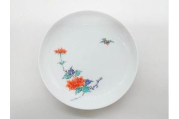 重要無形文化財　人間国宝　十三代 酒井田柿右衛門　有田焼　錦　牡丹文　約11cm　3.5寸　食卓に華やぎを添える小皿5枚セット(花、鳥、豆皿、手塩皿、和皿、和食器、共箱付き、裏印、花押、三寸五分)(R-079750)