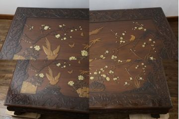 和製ビンテージ　見事な花鳥図と龍の総彫りが目を引くガラス天板付き座卓(ローテーブル、センターテーブル、リビングテーブル、ヴィンテージ)(R-079759)