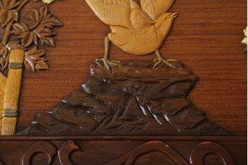 和製ビンテージ　見事な花鳥図と龍の総彫りが目を引くガラス天板付き座卓(ローテーブル、センターテーブル、リビングテーブル、ヴィンテージ)(R-079759)