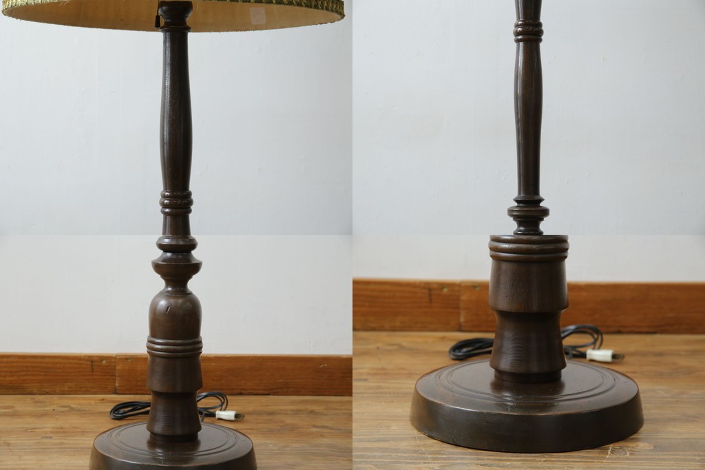 和製ヴィンテージ　大正ロマン　無垢材　挽き物脚とプリーツシェードが素敵なフロアスタンド　(R-079766)