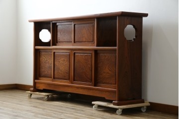 中古　美品!!　高級指物工芸家具　総欅(ケヤキ)材　漆塗り　重厚な佇まいが魅力の飾り棚　(R-079794)