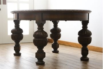 イギリスアンティーク　高級品!!　特注品!!　重厚!!バルボスレッグが珍しい大きなエクステンションテーブル(ダイニングテーブル、ドローリーフテーブル、食卓、4人掛け、6人掛け、英国)(R-079796)