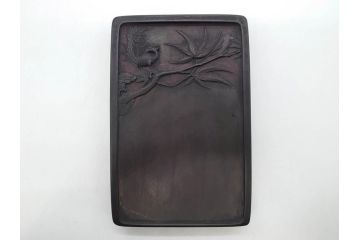 中国　唐物　書道具　鳳凰　細かな装飾が魅力の硯(漢詩、彫刻、鳥)(R-079814)