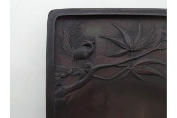 中国　唐物　書道具　鳳凰　細かな装飾が魅力の硯(漢詩、彫刻、鳥)(R-079814)
