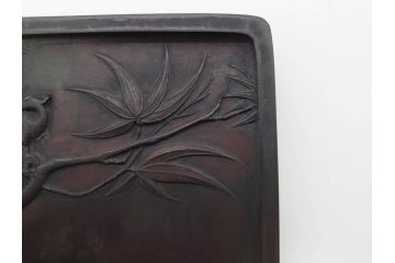 中国　唐物　書道具　鳳凰　細かな装飾が魅力の硯(漢詩、彫刻、鳥)(R-079814)