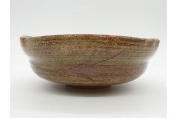 中里重利　絵唐津　約22cm　7.3寸　優美なフォルムが目を引く鉢(唐津焼、鳥、植物、深皿、和皿、中皿、変形皿、和食器、裏印、共箱付き、七寸三分)(R-079817)