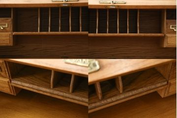 ビンテージ　オーク材　薄型ロールトップデスク(両袖机、ワークデスク、在宅用、在宅ワーク用、蛇腹机、簿記机、ヴィンテージ)(R-079820)