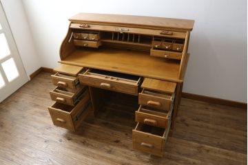 ビンテージ　オーク材　薄型ロールトップデスク(両袖机、ワークデスク、在宅用、在宅ワーク用、蛇腹机、簿記机、ヴィンテージ)(R-079820)