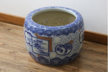 和製アンティーク　昭和初期〜中期　窓絵松竹図・南天　縁起の良いモチーフが描かれた瀬戸火鉢(鉢カバー、傘立て、金魚鉢)(R-079824)