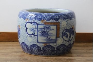和製アンティーク　昭和初期〜中期　窓絵松竹図・南天　縁起の良いモチーフが描かれた瀬戸火鉢(鉢カバー、傘立て、金魚鉢)(R-079824)
