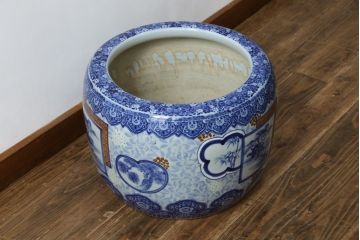 和製アンティーク　昭和初期〜中期　窓絵松竹図・南天　縁起の良いモチーフが描かれた瀬戸火鉢(鉢カバー、傘立て、金魚鉢)(R-079824)