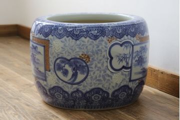 和製アンティーク　昭和初期〜中期　窓絵松竹図・南天　縁起の良いモチーフが描かれた瀬戸火鉢(鉢カバー、傘立て、金魚鉢)(R-079824)