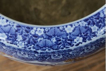 和製アンティーク　昭和初期〜中期　窓絵松竹図・南天　縁起の良いモチーフが描かれた瀬戸火鉢(鉢カバー、傘立て、金魚鉢)(R-079824)