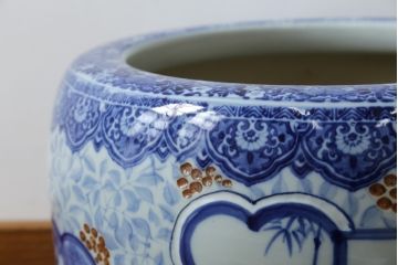 和製アンティーク　昭和初期〜中期　窓絵松竹図・南天　縁起の良いモチーフが描かれた瀬戸火鉢(鉢カバー、傘立て、金魚鉢)(R-079824)