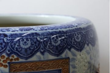 和製アンティーク　昭和初期〜中期　窓絵松竹図・南天　縁起の良いモチーフが描かれた瀬戸火鉢(鉢カバー、傘立て、金魚鉢)(R-079824)
