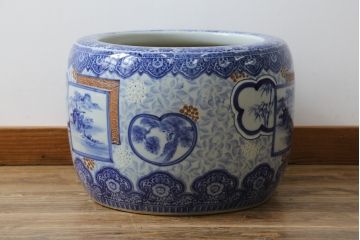 和製アンティーク　昭和初期〜中期　窓絵松竹図・南天　縁起の良いモチーフが描かれた瀬戸火鉢(鉢カバー、傘立て、金魚鉢)(R-079824)