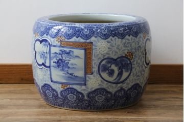 和製アンティーク　昭和初期〜中期　窓絵松竹図・南天　縁起の良いモチーフが描かれた瀬戸火鉢(鉢カバー、傘立て、金魚鉢)(R-079824)