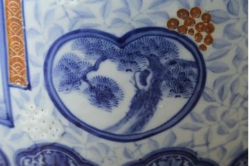 和製アンティーク　昭和初期〜中期　窓絵松竹図・南天　縁起の良いモチーフが描かれた瀬戸火鉢(鉢カバー、傘立て、金魚鉢)(R-079824)