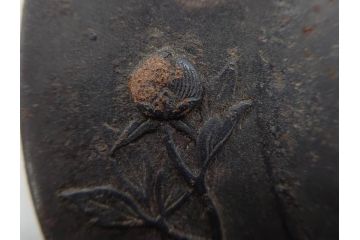 時代武具　水戸金工 一葉斎弘直　在銘　鉄地　丸形　金銀象嵌　蝶に牡丹図　雅なデザインが魅力の鍔(ちょう、花、彫刻、刀装具、ケース付き)(R-079849)