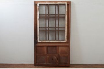 アンティーク建具　総欅(ケヤキ)材　時代の流れを感じさせる升目(マス目)格子蔵戸1枚(きつね格子、狐格子、引き戸、玄関戸、格子戸)(R-079859)