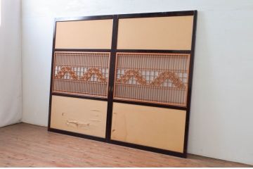 アンティーク建具　高級品!!　漆塗り框の組子入りガラス帯戸2枚セット(引き戸、ガラス戸)(R-079886)