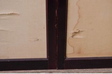 アンティーク建具　高級品!!　漆塗り框の組子入りガラス帯戸2枚セット(引き戸、ガラス戸)(R-079886)