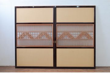 アンティーク建具　高級品!!　漆塗り框の組子入りガラス帯戸2枚セット(引き戸、ガラス戸)(R-079886)