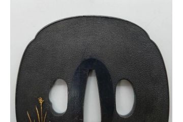 時代武具　東吟亭義照(佐藤義照)　赤銅　魚子地　雲隠れ月に花鳥図　大小揃　匠の美技に見惚れる鍔(桜、燕、ツバメ、サギ、鷺、後藤一乗門、七子地、金彩、彫刻、刀装具、ケース付き)(R-079904)