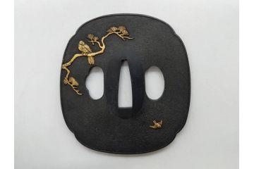 時代武具　東吟亭義照(佐藤義照)　赤銅　魚子地　雲隠れ月に花鳥図　大小揃　匠の美技に見惚れる鍔(桜、燕、ツバメ、サギ、鷺、後藤一乗門、七子地、金彩、彫刻、刀装具、ケース付き)(R-079904)