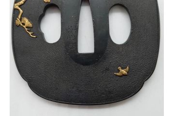時代武具　東吟亭義照(佐藤義照)　赤銅　魚子地　雲隠れ月に花鳥図　大小揃　匠の美技に見惚れる鍔(桜、燕、ツバメ、サギ、鷺、後藤一乗門、七子地、金彩、彫刻、刀装具、ケース付き)(R-079904)