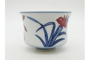 有田焼　源右衛門窯　染錦　水鳥図　栓抜/赤絵　梅地紋　楊枝入/染錦　あやめ絵　小鉢　匠の美技を堪能できる源右衛門3点セット(花、向付、深皿、和皿、和食器、裏印、共箱付き)(R-079905)