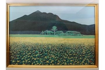 真作　石坂仁良　「緑風」　SM　絵画(油彩、油絵、風景、山、花畑、サイン付き、肉筆、額装)(R-079906)