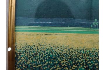 真作　石坂仁良　「緑風」　SM　絵画(油彩、油絵、風景、山、花畑、サイン付き、肉筆、額装)(R-079906)