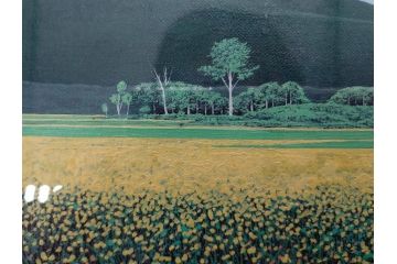 真作　石坂仁良　「緑風」　SM　絵画(油彩、油絵、風景、山、花畑、サイン付き、肉筆、額装)(R-079906)