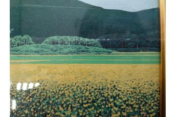 真作　石坂仁良　「緑風」　SM　絵画(油彩、油絵、風景、山、花畑、サイン付き、肉筆、額装)(R-079906)
