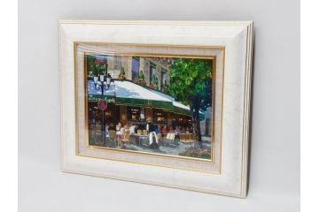 真作　斎藤要　「午後のカフェ」　F4(4号)　絵画(喫茶店、油彩、油絵、サイン付き、肉筆、額装)(R-079907)