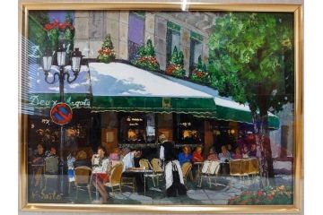 真作　斎藤要　「午後のカフェ」　F4(4号)　絵画(喫茶店、油彩、油絵、サイン付き、肉筆、額装)(R-079907)