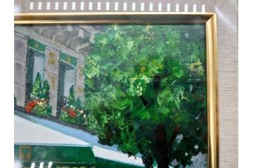 真作　斎藤要　「午後のカフェ」　F4(4号)　絵画(喫茶店、油彩、油絵、サイン付き、肉筆、額装)(R-079907)